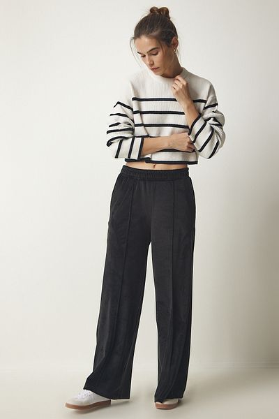 Happiness İstanbul Women's Black Palazzo Velvet Trousers MC00248