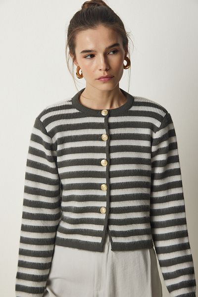 Happiness İstanbul Women's Gray Metal Button Detailed Striped Knitwear Cardigan PF00043