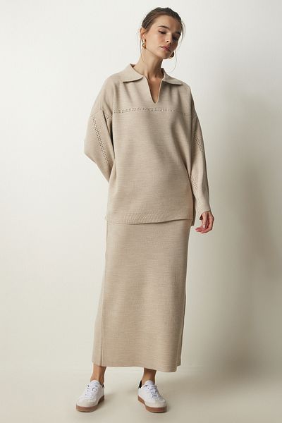 Happiness İstanbul Beiges Damen-Set mit Polokragen und stilvollem Strickpullover und Rock YY00186