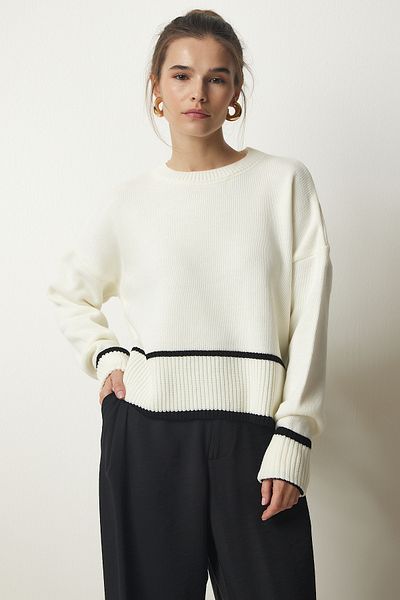 Happiness İstanbul Női Ecru Stripe részletesen kötött pulóver PF00041
