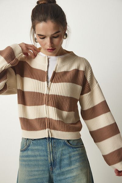 Happiness İstanbul Women's Cream Biscuit Zippered Striped Knit Cardigan MC00246