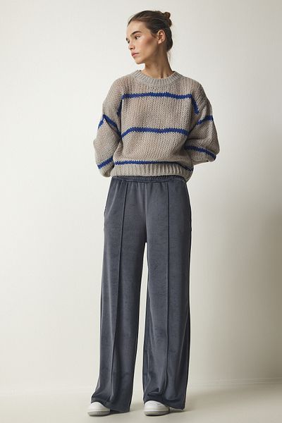 Happiness İstanbul Women's Anthracite Palazzo Velvet Trousers MC00248