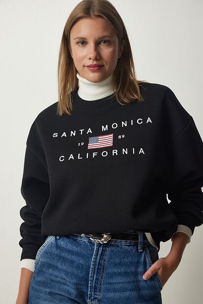 Happiness İstanbul Women's Black Embroidered Raised Knitted Sweatshirt HF00449
