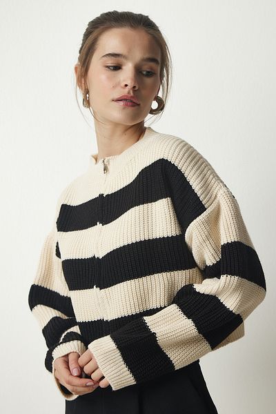 Happiness İstanbul Women's Cream Black Zippered Striped Knit Cardigan MC00246