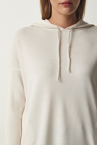 Happiness İstanbul Dámská krémová kapesní pletená mikina s kapucí YU00003