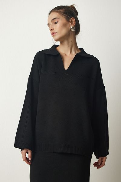 Happiness İstanbul Stilvolles Strickpullover-Rock-Set mit Polokragen und schwarzem Damen YY00186