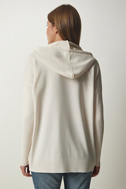 Happiness İstanbul Dámská krémová kapesní pletená mikina s kapucí YU00003