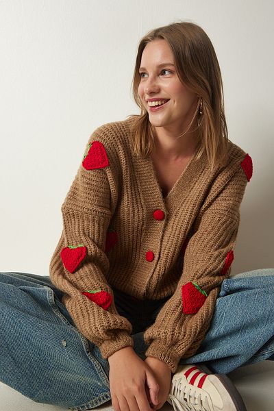 Happiness İstanbul Oversize-Strickjacke für Damen mit Erdbeermotiv PF00008