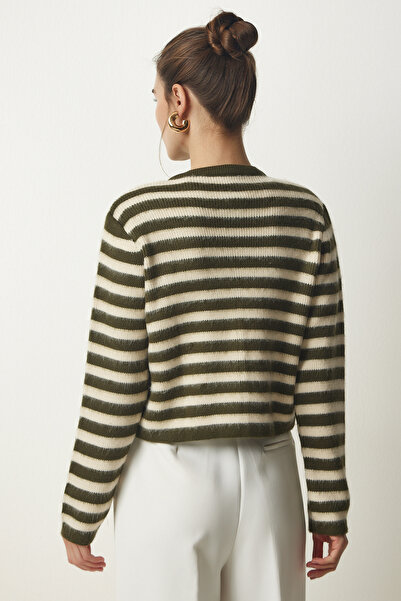 Happiness İstanbul Női khaki fémgombos részletes csíkos kötöttáru kardigán PF00043