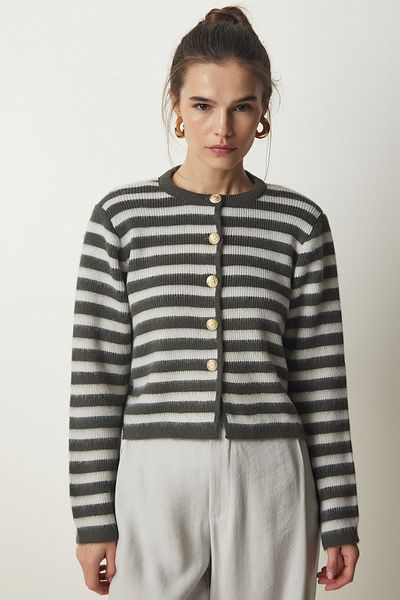 Happiness İstanbul Women's Gray Metal Button Detailed Striped Knitwear Cardigan PF00043