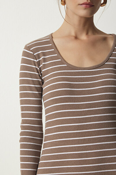 Happiness İstanbul Dámské Norkové proužkované Saran Pletené šaty GT00227