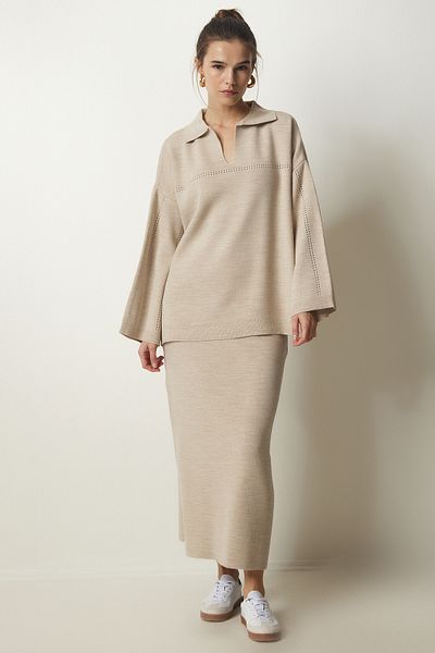 Happiness İstanbul Beiges Damen-Set mit Polokragen und stilvollem Strickpullover und Rock YY00186