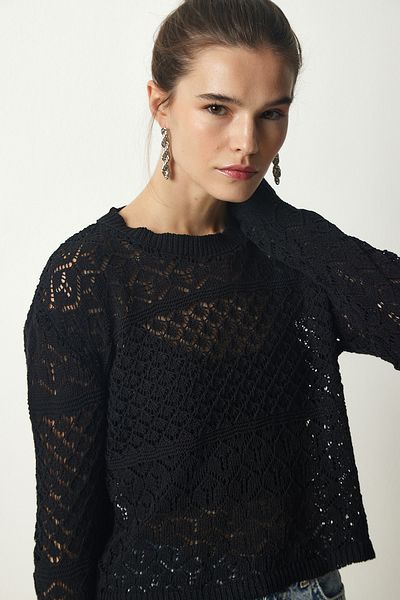 Happiness İstanbul Pulover de damă negru din tricot cu defilare CI00093