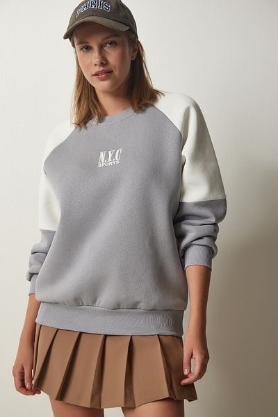 Happiness İstanbul Women's Gray White Colorblock Raised Sweatshirt HF00448