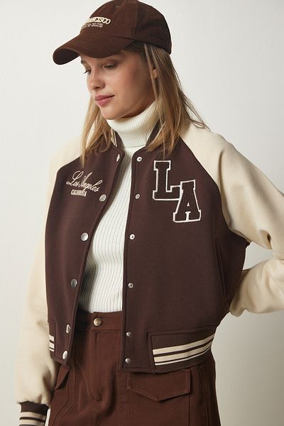Happiness İstanbul Women's Cream Brown College Bomber Sweatshirt Coat HF00446