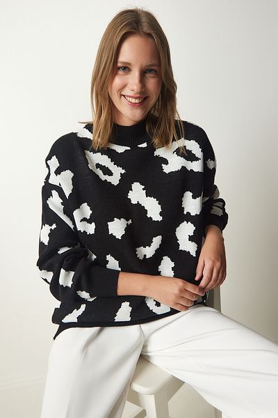 Happiness İstanbul Dicker Strickpullover mit Stehkragen und Muster für Damen, schwarz KB00035