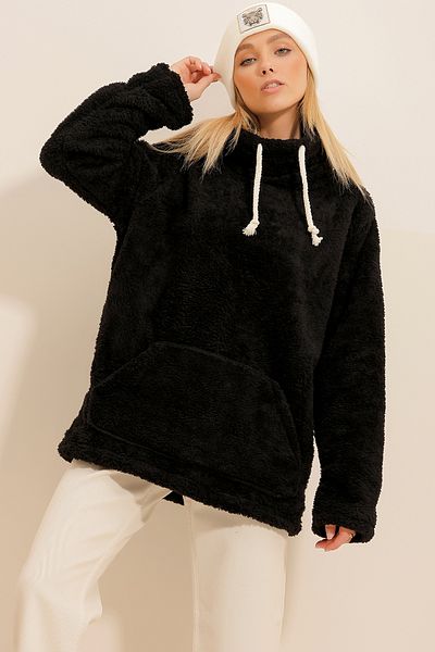 Trend Alaçatı Stili Schwarzes Damen-Plüsch-Sweatshirt mit Stehkragen und Kängurutasche ALC-X11060