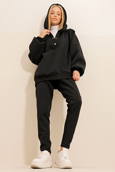 Trend Alaçatı Stili Schwarzes Trainingsanzug-Set für Damen mit Kapuze und Druckknopfverschluss, 3-fädigem Band ALC-X11074