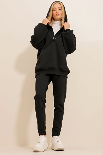 Trend Alaçatı Stili Schwarzes Trainingsanzug-Set für Damen mit Kapuze und Druckknopfverschluss, 3-fädigem Band ALC-X11074