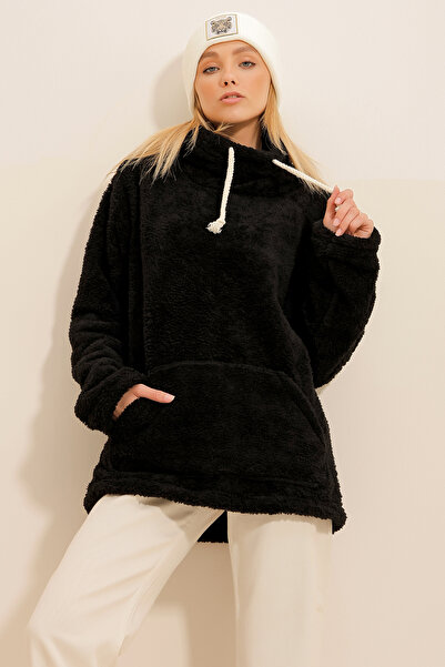 Trend Alaçatı Stili Dámská černá mikina se stojatým límečkem Kangaroo Pocket Plyšová mikina ALC-X11060
