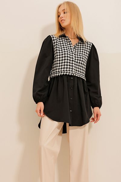 Trend Alaçatı Stili Schwarz-weißes Damen-Hemd aus Popeline mit Hahnentrittmuster und Stempelmix ALC-X11072
