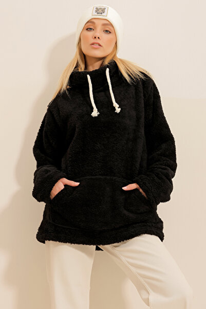Trend Alaçatı Stili Dámská černá mikina se stojatým límečkem Kangaroo Pocket Plyšová mikina ALC-X11060