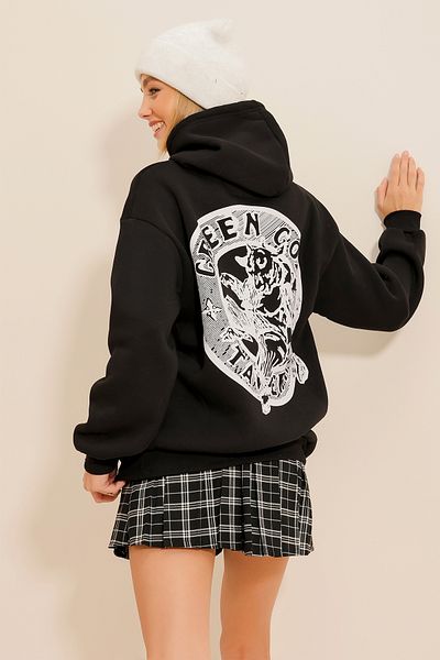 Trend Alaçatı Stili Schwarzes Damen-Sweatshirt mit Kapuze, vorne und hinten bedruckt, 3-fädig gerippt ALC-X11105