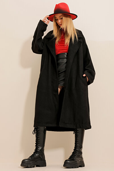 Trend Alaçatı Stili Dámský černý dlouhý kabát Stamp bez podšívky ALC-X11111