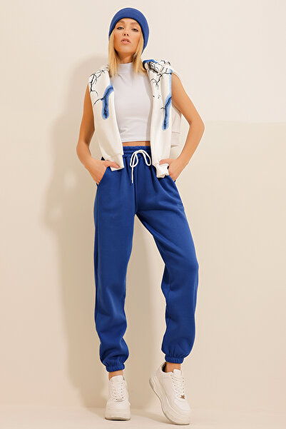 Trend Alaçatı Stili Női Saks 3 szál magasított kocogó nadrágok ALC-X10929