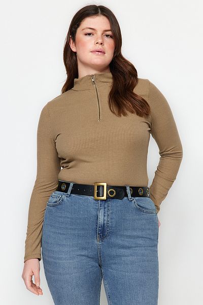 Trendyol Curve Nerzfarbener Cord-Strickbody mit hohem Kragen TBBAW24AF00048