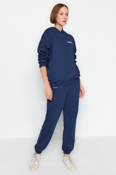 Trendyol Collection Thick Cut Fleece Navy Blue Knitted Sweatshirt - Hooded, Printed Twoaw24Sw00244