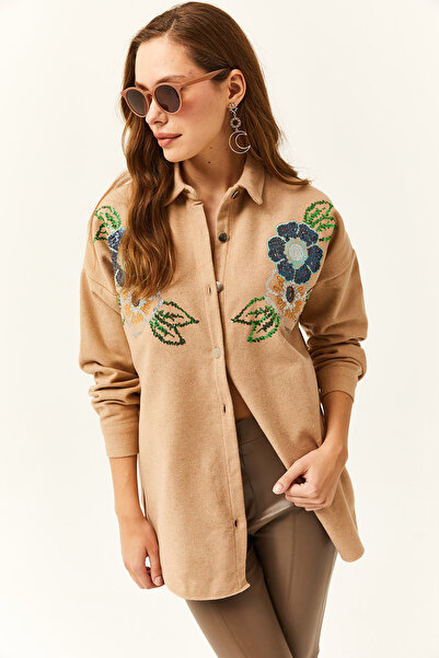 Olalook Women's Flower Camel Sequin Sequin Detailed Oversize Stamp Shirt