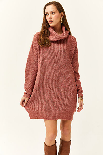 Olalook Kadın Gül Kurusu Degaje Yaka Yumuşak Dokulu Triko Tunik Elbise