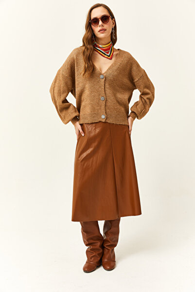 Olalook Дамска светлокафява пола с клеп от изкуствена кожа и цип отстрани