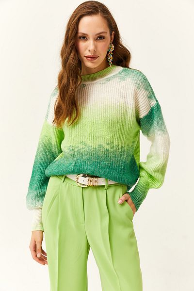 Olalook Women's Green Batik Soft Textured Knitwear Sweater