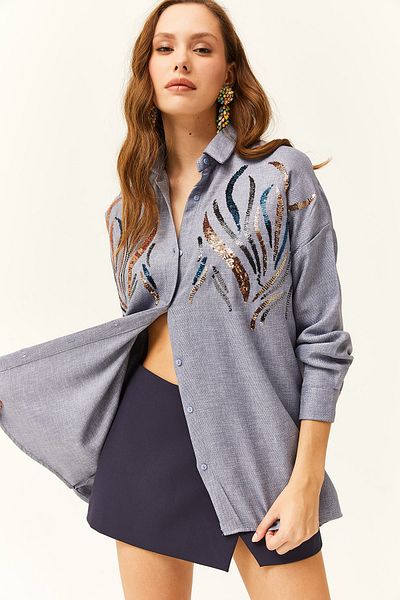 Olalook Indigofarbenes, mit Pailletten besetztes Oversize-Winterhemd für Damen in Wolloptik
