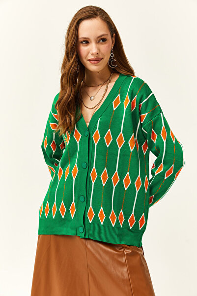Olalook Women's Grass Green Diamond Patterned Oversize Knitwear Cardigan Hrk- 19000244