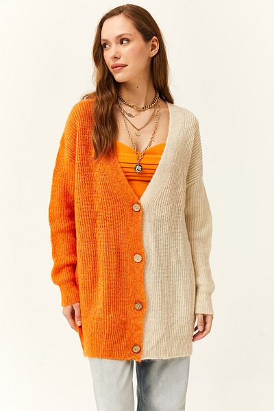 Olalook Damen-Strickjacke mit orangefarbener Farbblockierung und weicher Textur in Übergröße HRK- 19000255