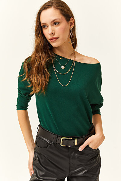 Olalook Dámská tenká, smaragdově zelená mikina s asymetrickým límečkem s potiskem s měkkou texturou