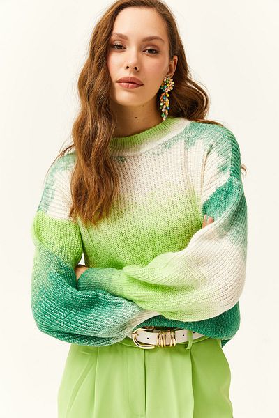 Olalook Women's Green Batik Soft Textured Knitwear Sweater