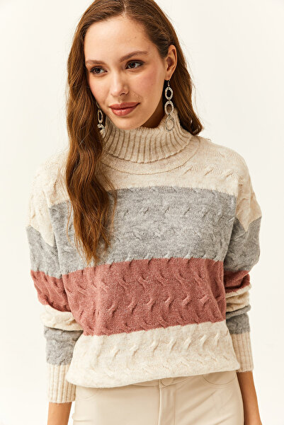 Olalook Pulover de damă din tricotaje cu textura moale, cu dungi din piatră