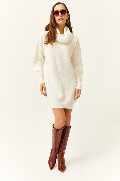 Olalook Women's Ecru Ruffle Collar Soft Textured Knitwear Tunic Dress