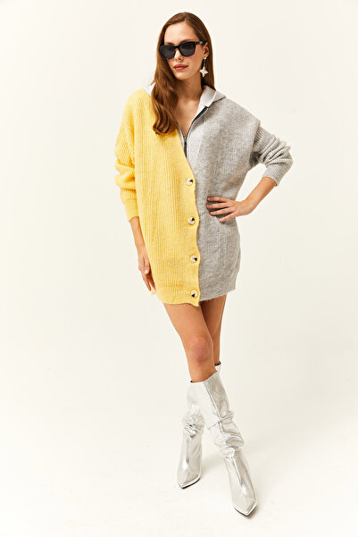 Olalook Dámsky sveter zo žltého blokovaného mäkkého úpletu s textúrou