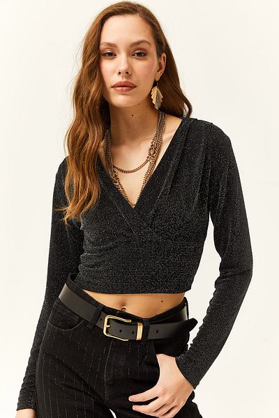 Olalook Γυναικεία Μαύρη Μπλούζα με διπλό στήθος Glitter Crop