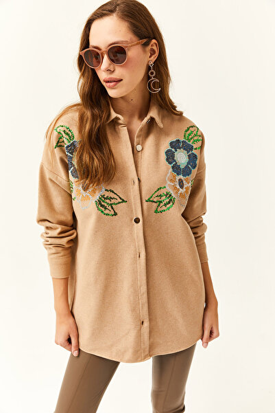 Olalook Women's Flower Camel Sequin Sequin Detailed Oversize Stamp Shirt