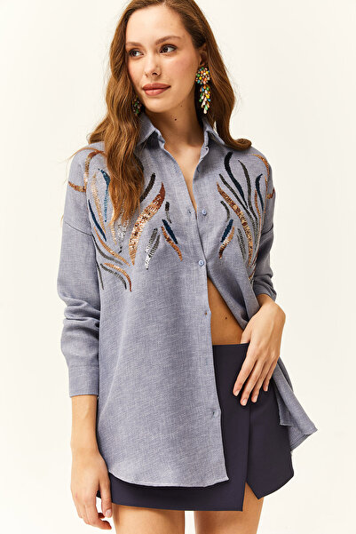 Olalook Kadın İndigo Pul Payetli Yün Efektli Oversize Kışlık Gömlek