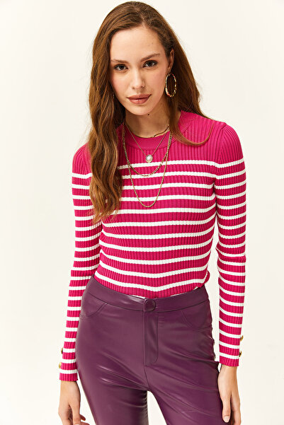 Olalook Women's Fuchsia Striped Buttoned Cuff Lycra Knitwear Blouse