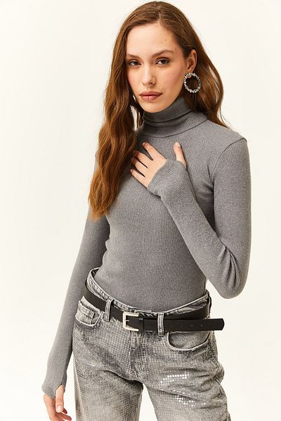 Olalook Women's Smoked Turtleneck Finger Detailed Lycra Blouse