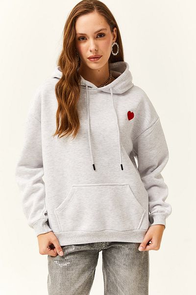 Olalook Γυναικείο φούτερ σε γκρι Melange Heart printed Oversize με φλις εσωτερικά