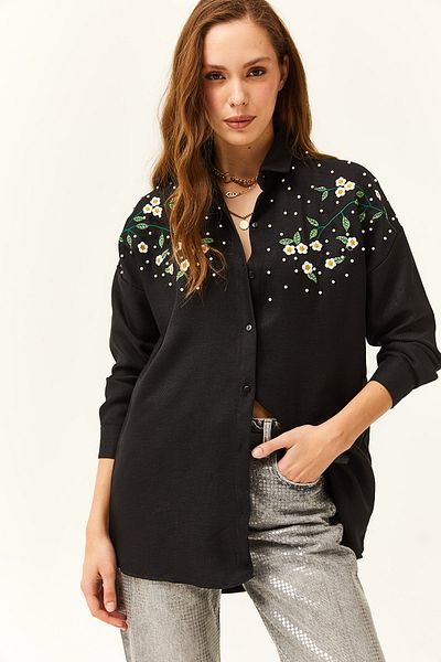Olalook Dámská zimní košile oversize s černým vyšívaným perleťovým vlněným efektem